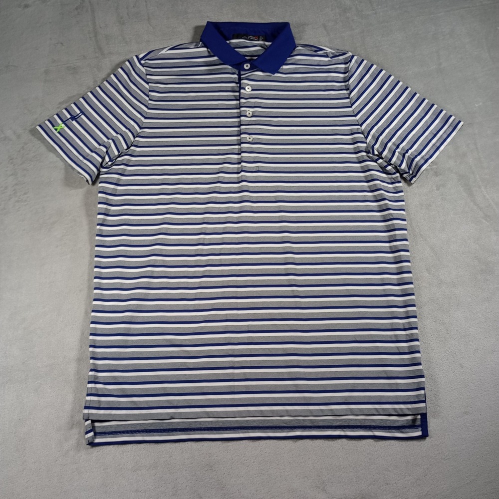 RLX Ralph Lauren Polo Shirt Mens Large Blue Grey Striped Golf Short Sleeve